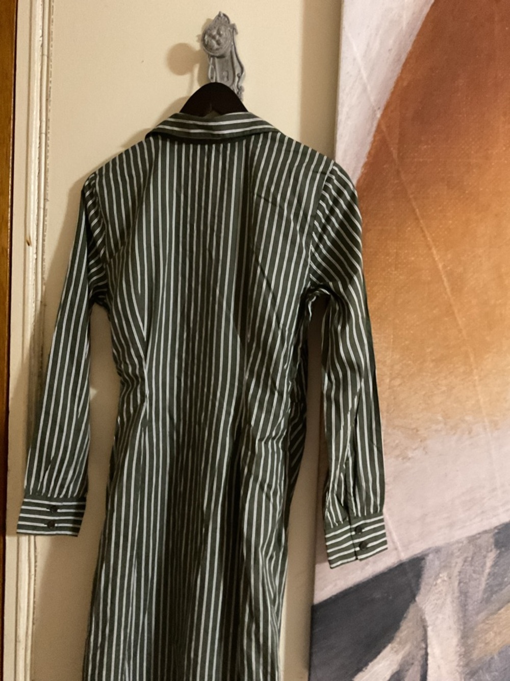 LOFT Green and White Striped Long Sleeve Wrap Dress